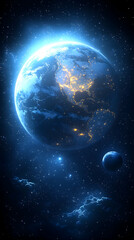 Obraz premium Earth in the vastness of space, illuminated by celestial light. A vibrant blue planet, detailed with continents, surrounded by cosmic dust and other celestial bodies