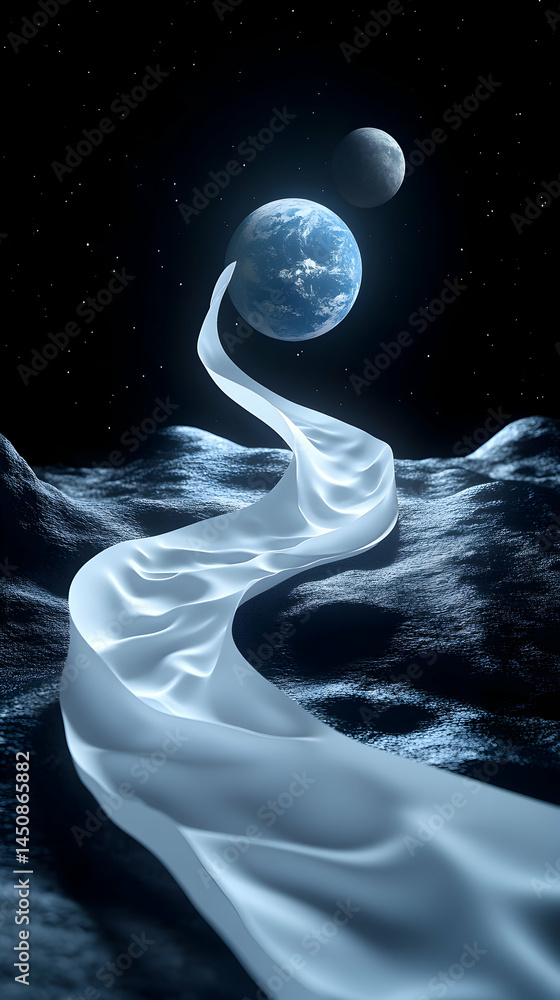 Poster serene cosmic scene glowing fabric-like path winds across moons surface connecting to earth and moon