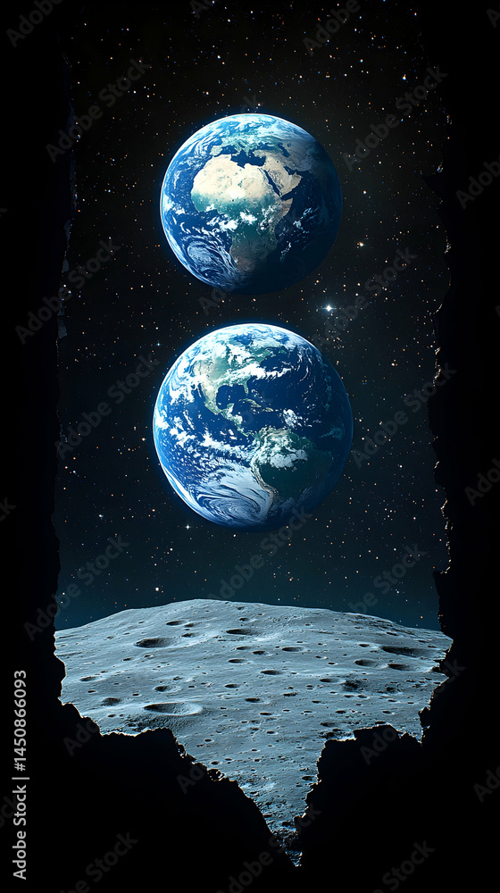 Poster two earth-like planets float above a moon-like surface in space