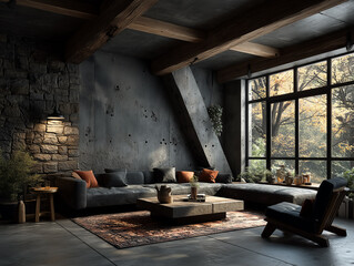 Minimalist brutalist architecture, living room mockup