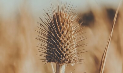 Dried thistle close-up, autumn field background, nature photography, website banner