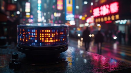 Digital display at night in city street.  Detailed LED light