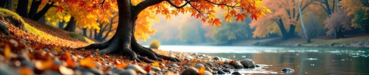 Isolated tree with roots growing in dry riverbed during autumn, tree, solo