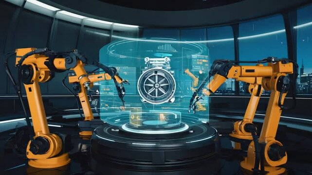 Complex engine part design hologram floating blueprint being projected in augmented reality, innovative automotive engineering and futuristic manufacturing process 4k video