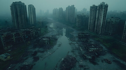 A desolate cityscape, choked by ruins, a river winds through the decay.  Gray, overcast, and ominously quiet