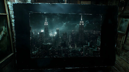 A framed, dark, moody cityscape, possibly NYC, at night, with a gritty, textured effect