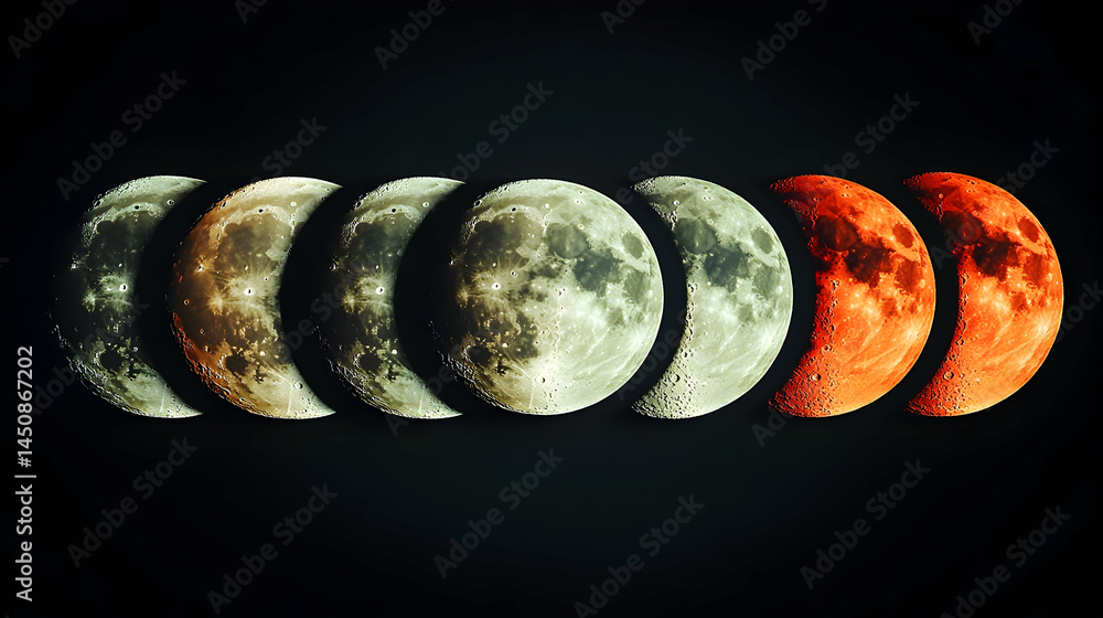 Poster a sequence of lunar phases culminating in a total lunar eclipse showcasing the moons transformation 