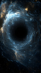 A swirling vortex of cosmic nebulae leading to a black hole.  Intensely colored, swirling, and dynamic celestial event