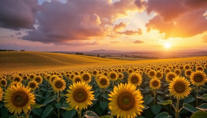 Obraz premium Vibrant sunflower field abundant representing natural beauty against a dramatic painterly sunset sky