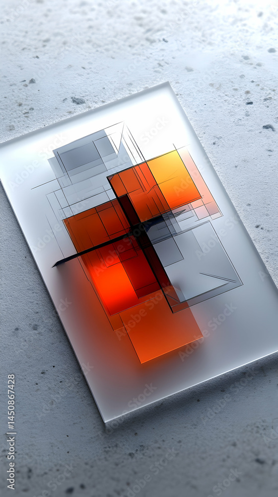 Poster abstract orange and gray geometric shapes intersect on a textured white surface the design is modern