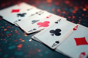 Playing cards arranged in a sequence showing an ace pattern , royalty, flat lay