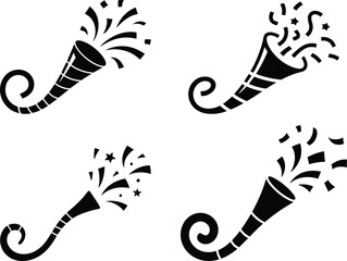 Silhouette Set of Party Blower with Confetti – Festive Celebration Vector Icon in Black on White