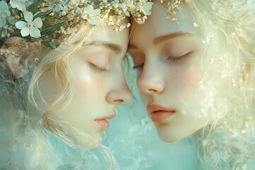 Dreamy fantasy portrait of two ethereal blonde women symbolizing Gemini zodiac sign, with floral crowns and closed eyes, in soft pastel tones of mint, cream, and light gold on a glowing background.