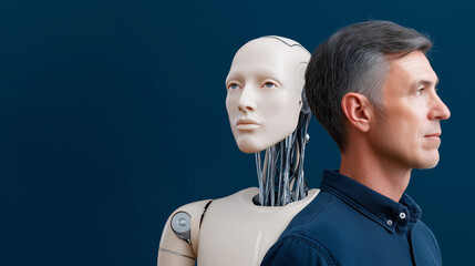 human and ai robot portrait close up, artificial intelligence, human-AI interaction, virtual human, virtual character, or digital clone, using computer-generated from the real persona. ai partnership.