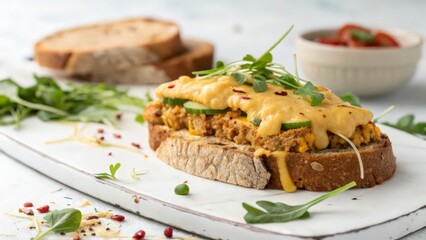 Open-Faced Melt with Cheese, Cucumber, and Microgreens on Rustic Bread

