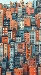 Dense urban landscape of colorful apartment buildings, clustered closely together, creating a vibrant cityscape