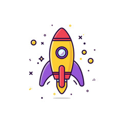 Colorful rocket icon in a whimsical space background  