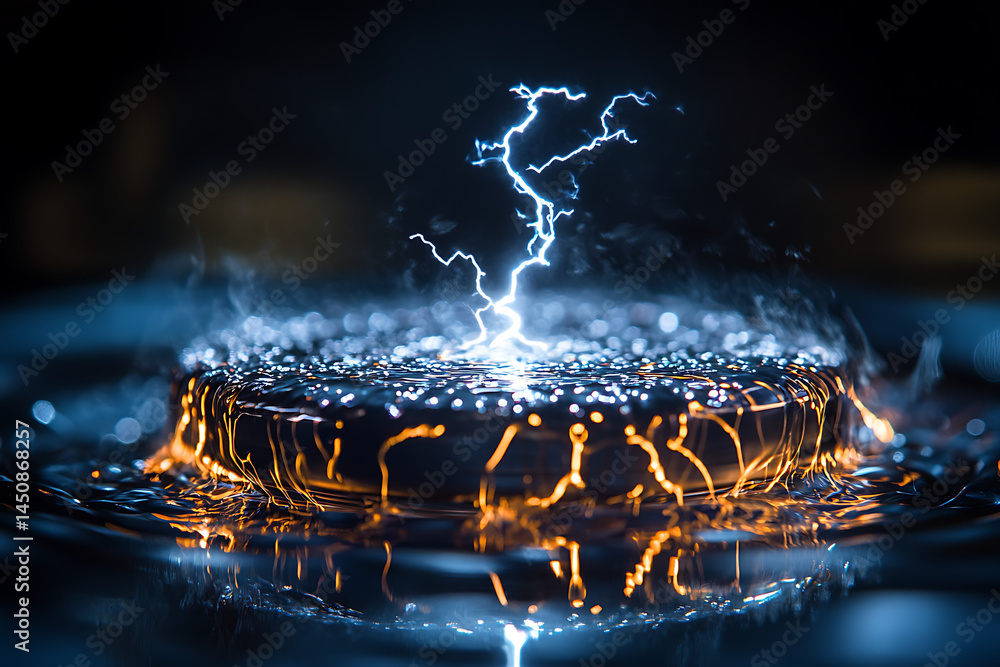 Poster lightning striking a dark round platform surrounded by water and glowing lines on a dark background
