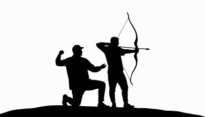 Naklejka premium Silhouettes of archers practicing bow shooting against a white background, focus on target