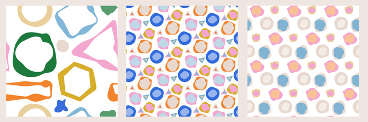 Playful abstract seamless patterns set with colorful hand-drawn shapes