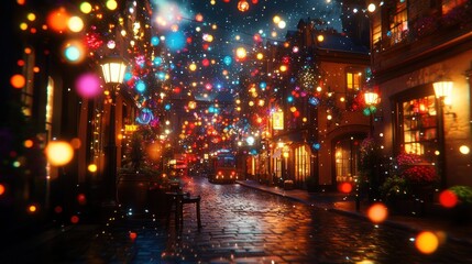 Obraz premium Festive night street scene, snowing, colorful lights, cobblestone road, magical atmosphere, ideal for holiday cards