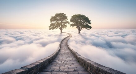 Surreal Path Through Clouds Leading to Tree of Life at Sunrise - Metaphor for Hope, Journey and Success