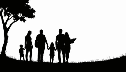 Family silhouette planning a trip with a map, adventure concept