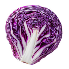 Whole red cabbage cut in half revealing layered texture and vibrant color, Isolated Transparent Background