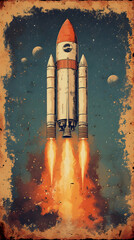 Naklejka premium Retro rocket launching into space, vintage style. Flames and smoke billow from the boosters, with planets visible in the background
