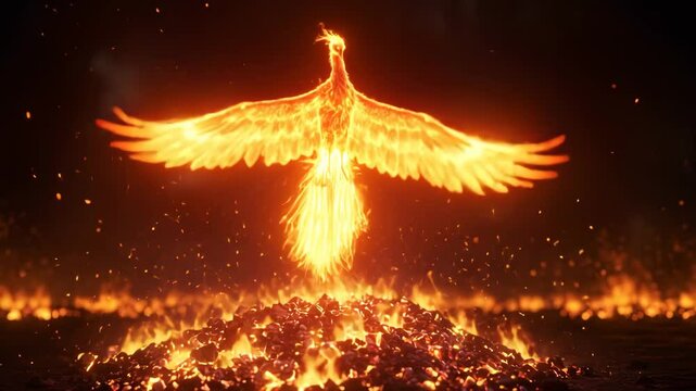 Phoenix rising from glowing ashes with fiery wings  