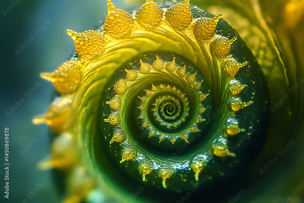 Poster a mesmerizing spiral pattern with intricate yellow and green details creating a hypnotic effect