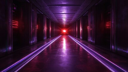 Fototapeta premium Futuristic purple neon corridor, glowing lines, dark metallic walls, background light, sci-fi scene