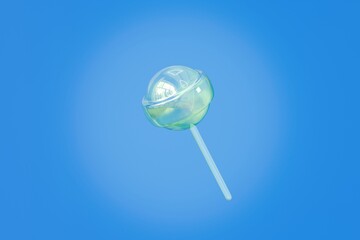 3d Sweet cute hologram glassed lollipop icon on stick in cartoon style. sweet candy. Single glossy green round candy on blue background. Minimal candy lollipop creative style for web design. 3d render