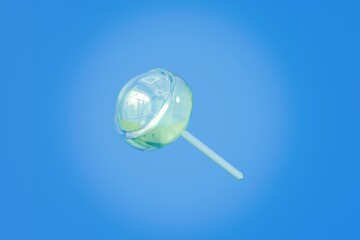 3d Sweet cute hologram glassed lollipop icon on stick in cartoon style. sweet candy. Single glossy green round candy on blue background. Minimal candy lollipop creative style for web design. 3d render