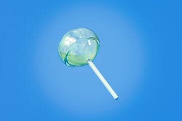 3d Sweet cute hologram glassed lollipop icon on stick in cartoon style. sweet candy. Single glossy green round candy on blue background. Minimal candy lollipop creative style for web design. 3d render