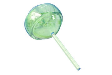 3d Sweet cute hologram glassed lollipop icon on stick in cartoon style. sweet candy. Single glossy green round candy on blue background. Minimal candy lollipop creative style for web design. 3d render