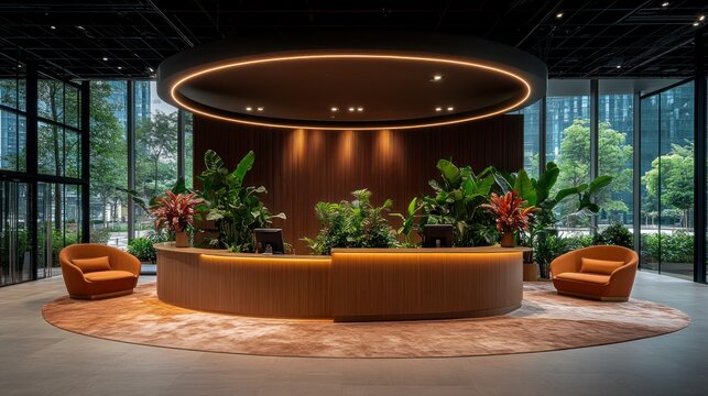 Elegant reception area with plants, wood, and natural light