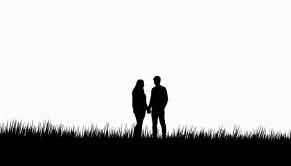 Silhouette couple holding hands in park, love and connection