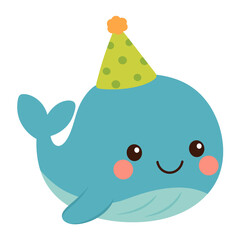 Cute cartoon whale with party hat and rosy cheeks, smiling blue marine animal, isolated on transparent background.