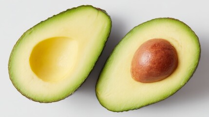 A close-up of a halved avocado with a seed on a white background with space for text.
