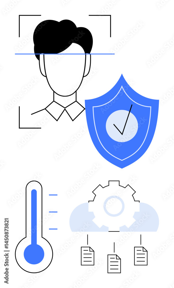 Poster head scan with recognition lines, shield with checkmark, thermometer, gear, cloud, and files. ideal 