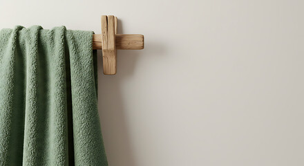 Soft green towel hanging on a wooden hook against a neutral wall  