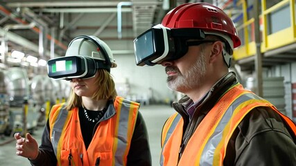 VR training in industrial setting. Workers using VR headsets for safety and efficiency training