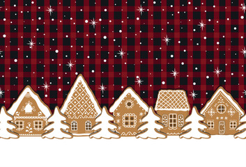 Christmas Seamless Border. Gingerbread Cookies. Banner. Fairytale Winter Landscape. Gingerbread Houses, Fir Trees, Snowflakes on Red Black Checkered Bg. Classic Buffalo Plaid Bg. Vector illustration
