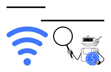 Blue wireless signal beside a robot holding a magnifying glass and coin symbol. Ideal for AI, technology, finance, connectivity, data analysis, research, wireless networks. Flat simple metaphor