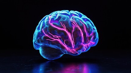 3D brain, glowing, neon