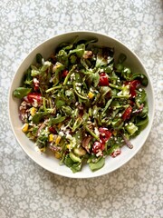 Purslane salad with cheese balls and olives inside. Healthy diet salad.