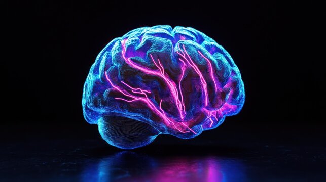 3D brain, glowing, neon - Powered by Adobe