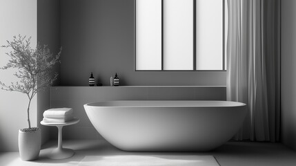 Luxurious Bathroom in Monochrome with Freestanding Tub and Minimal Decor
