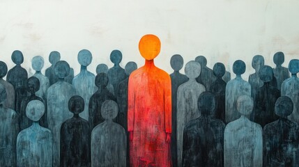 A conceptual scene where one brightly colored figure stands tall among many gray, faceless figures, representing the power of creative minorities challenging the norm